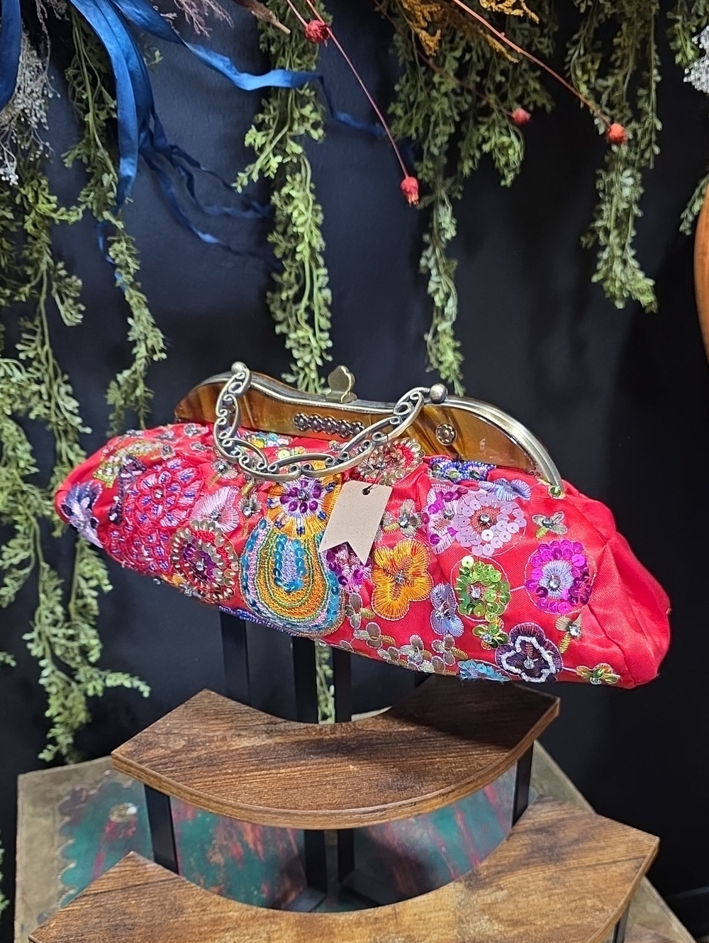 Embroidered Red Satin Floral Kiss-Lock Clutch